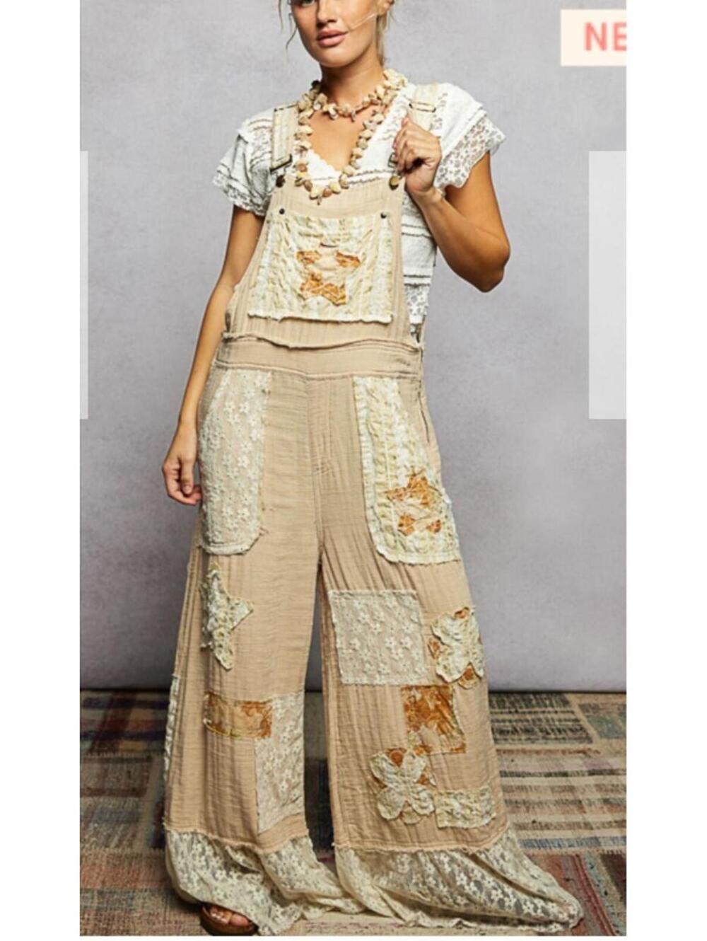 POL Boho Floral Patchwork Wide Leg Overalls Ruffle Bottom Jumpsuit Cream Sz S
